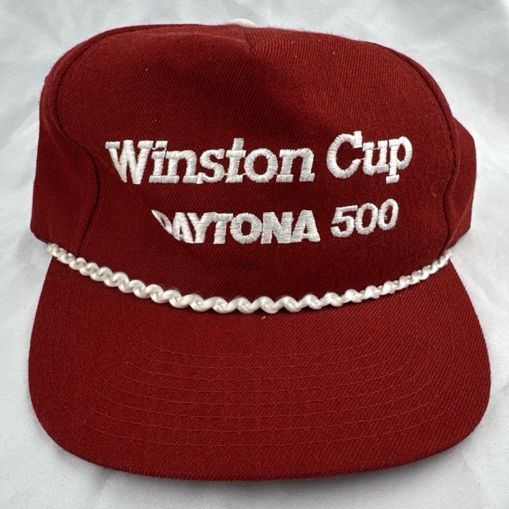 Vintage 80s Winston Cup Daytona 500 NASCAR Red Rope Snapback Hat Korea